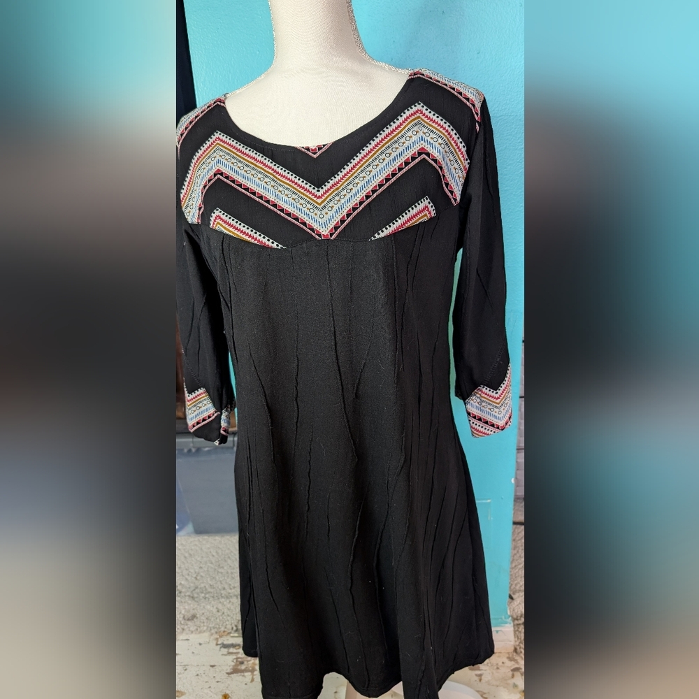 NWT black dress (slip seen in) with colorful neck and sleeves